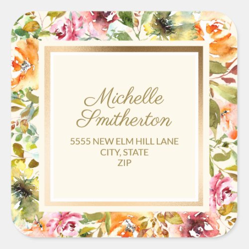 Red Orange Floral Green Leaves Gold Cream Address  Square Sticker