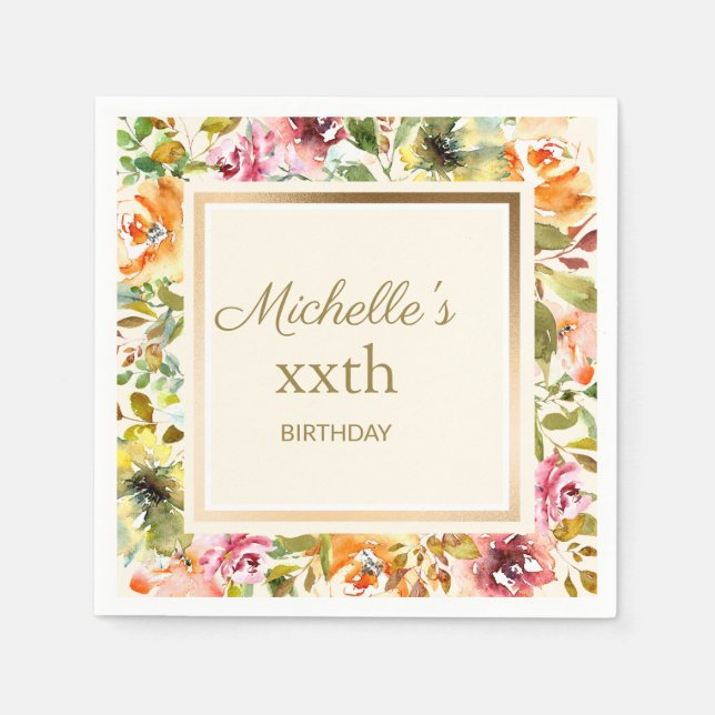 Red Orange Floral Green Leaves Gold Cream Birthday Napkins (Front)