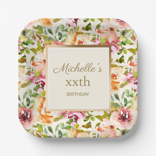 Red Orange Floral Green Leaves Gold Cream Birthday Paper Plates
