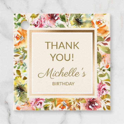 Red Orange Floral Green Leaves Gold Thank You Favor Tags