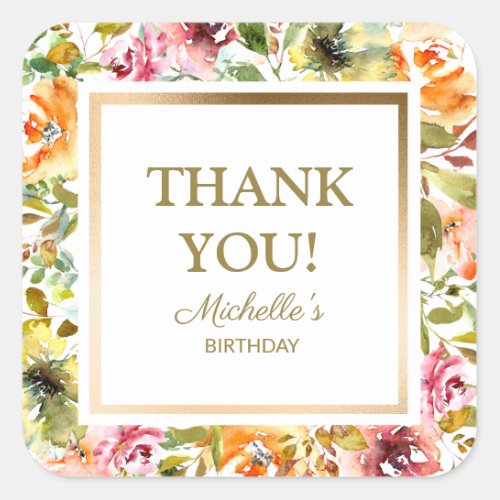 Red Orange Floral Green Leaves Gold Thank You Square Sticker