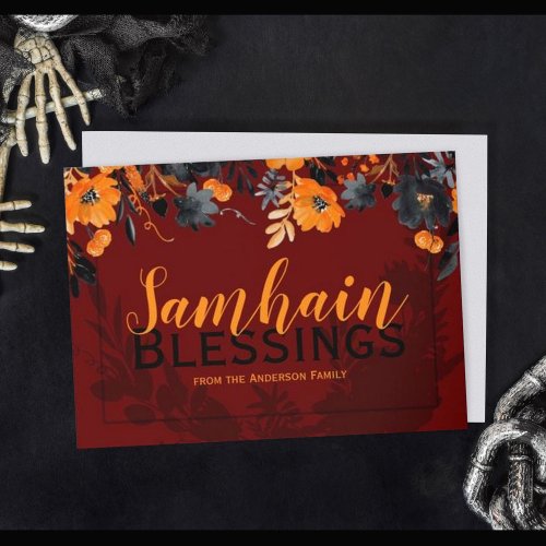 Red  Orange Floral Samhain Blessings Witchy Holiday Card