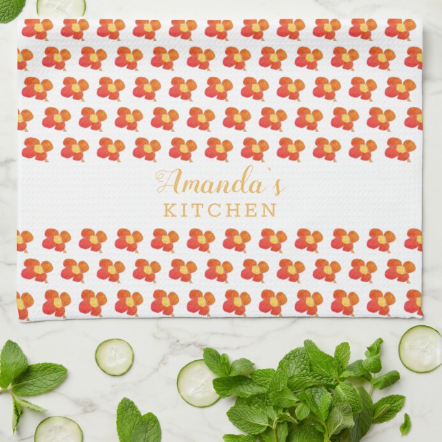 Red Orange Flower Pattern Floral Name Kitchen Towel (Folded)