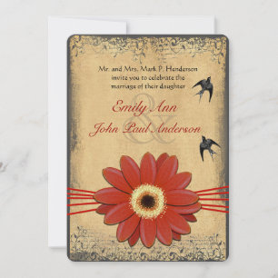 Red Orange Gerber Daisy Vintage Birds Wedding Invitation