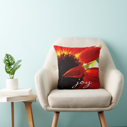 Red Orange Gerbera Daisy Flower Photo Joy Script Throw Pillow