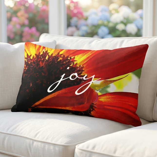 Red Orange Gerbera Daisy Photo Joy Script Modern Lumbar Pillow (Creator Uploaded)