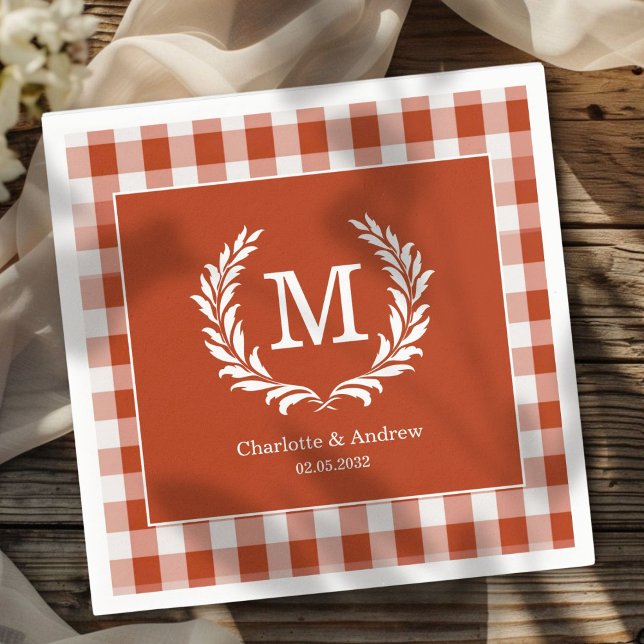 Red-Orange Gingham Monogram Crest Custom Napkins (Red Orange Gingham Monogram Crest Custom Napkins with your Monogram, names and Date.)