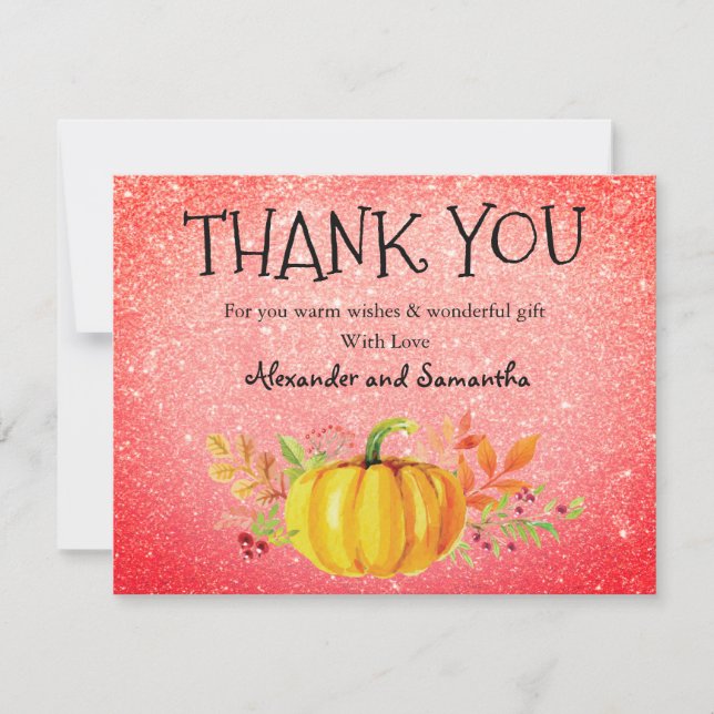 Red orange Glitter Pumpkin Fall Thank You Card (Front)
