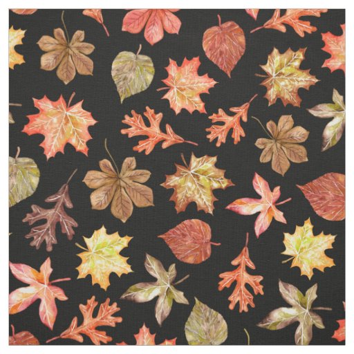 red orange gold autumn leaves pattern on black fabric