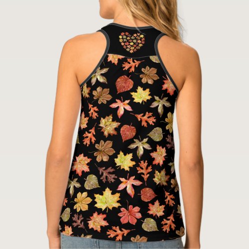 red orange gold colorful fall leaves heart black tank top