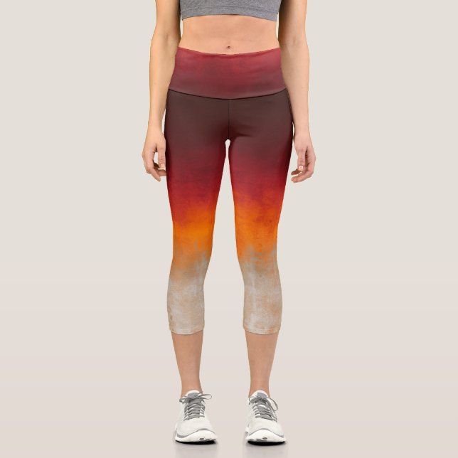 Red Orange Gray White rustic ombre Capri Leggings (Front)