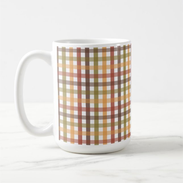 RED ORANGE GREEN BROWN GOLD PLAID PATTERN COFFEE MUG (Left)