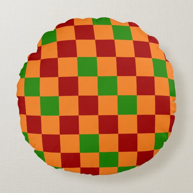 Red Orange Green Checkered Pattern Design  Round Pillow (Front)
