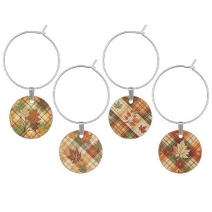 RED ORANGE GREEN GOLD FALL PLAID & LEAVES WINE CHARM