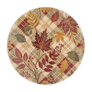 RED ORANGE GREEN PLAID WITH FALL AUTUMN LEAVES CUTTING BOARD