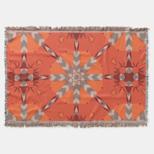 Red Orange Grey Ethnic Bohemian Folk Art Pattern  Throw Blanket