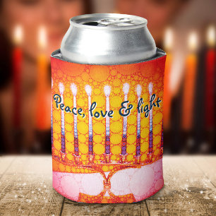 Red Orange Hanukkah Menorah Peace Love Light Artsy Can Cooler