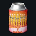 Red Orange Hanukkah Menorah Peace Love Light Artsy Can Cooler<br><div class="desc">“Peace, love & light.” A calligraphy script quote, overlaying a close-up photo illustration of a bright, colorful, red orange and yellow gold artsy menorah, helps you usher in the holiday of Hanukkah in style. Feel the warmth and joy of the holiday season whenever you relax with your favorite beverage with...</div>