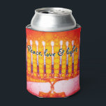 Red Orange Hanukkah Menorah Peace Love Light Artsy Can Cooler<br><div class="desc">“Peace, love & light.” A calligraphy script quote, overlaying a close-up photo illustration of a bright, colorful, red orange and yellow gold artsy menorah, helps you usher in the holiday of Hanukkah in style. Feel the warmth and joy of the holiday season whenever you relax with your favorite beverage with...</div>