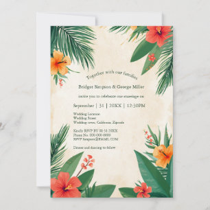 Red Orange Hawaii Hibiscus Tropical Wedding  Invitation