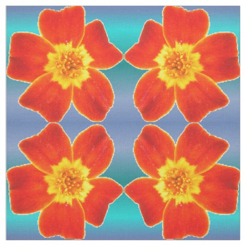 Red Orange Marigold Flower Blue Background Pattern Fabric
