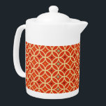 Red Orange Mid Century Modern Geometric Pattern Teapot<br><div class="desc">Mid-century modern inspired red-orange teapot featuring colorful circular geometric pattern with yellow, red and green accents. Trendy, modern design. Yellow circles overlap to form a harlequin diamond pattern accented with burgundy and green dots. Create your own custom pattern by uploading a new image, or use the "contact this designer" button...</div>