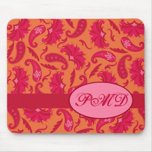 Red  Orange Monogram Initials Parisian Paisley Mouse Pad