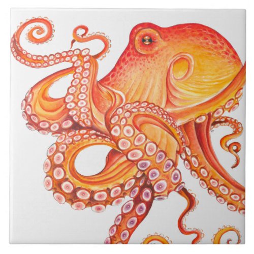 Red Orange octopus Watercolor Art Ceramic Tile