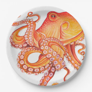 Red Orange octopus Watercolor Art Paper Plates