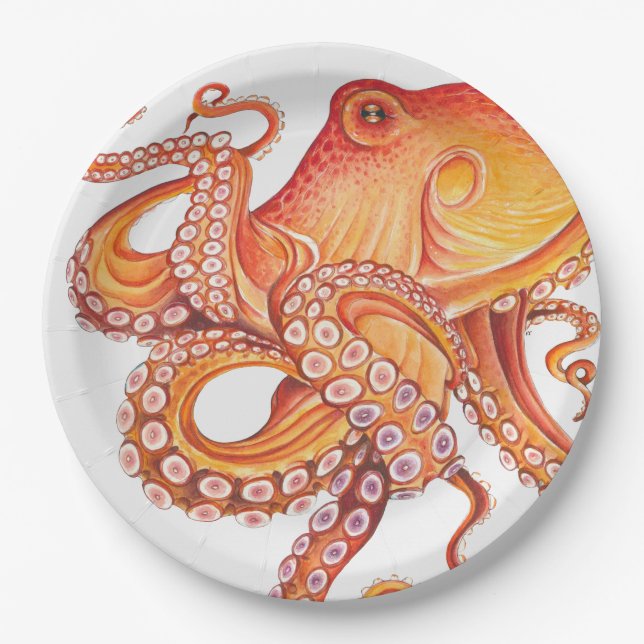 Red Orange octopus Watercolor Art Paper Plates (Front)