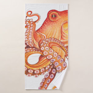 Red Orange Octopus Watercolor Bath Towel Set