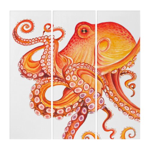 Red Orange Octopus Watercolor Triptych