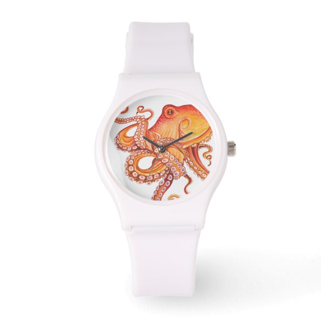 Red Orange Octopus Watercolor Watch (Front)