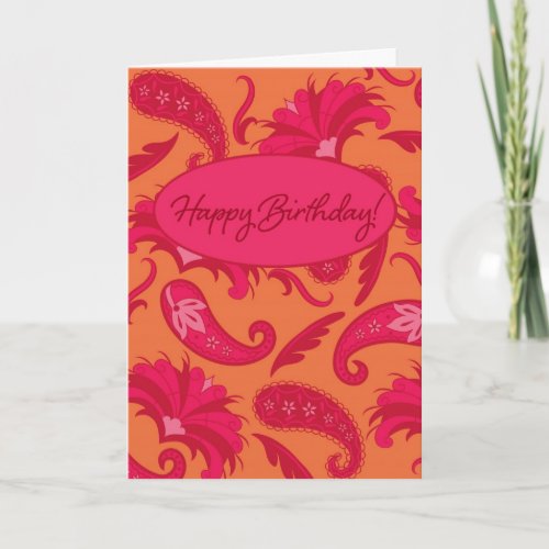 Red  Orange Paisley Happy Birthday Greeting Card
