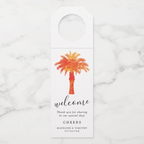 Red Orange Palm Tree Watercolor Wedding Favor Bottle Hanger Tag