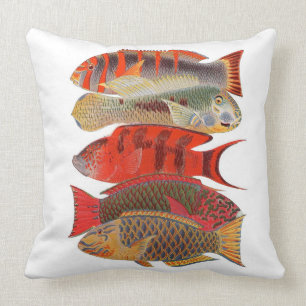 Red/Orange Parrot Fish, White Throw Pillow