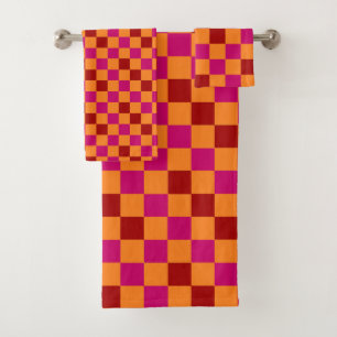 Red Orange Pink Checkered Pattern Design Bath Towel Set