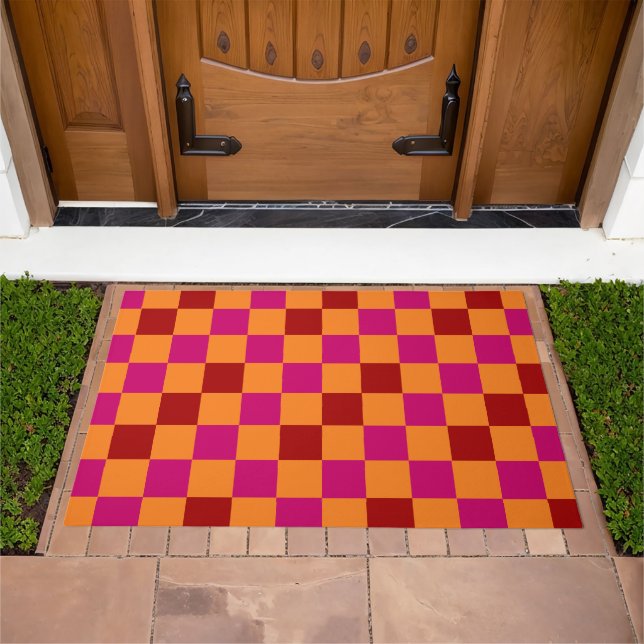 Red Orange Pink Checkered Pattern Design  Doormat (Outdoor)