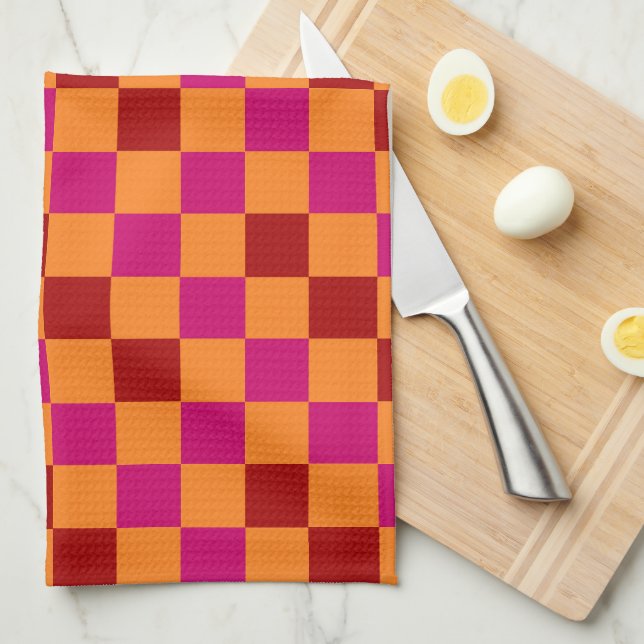 Red Orange Pink Checkered Pattern Design  Kitchen Towel (Quarter Fold)