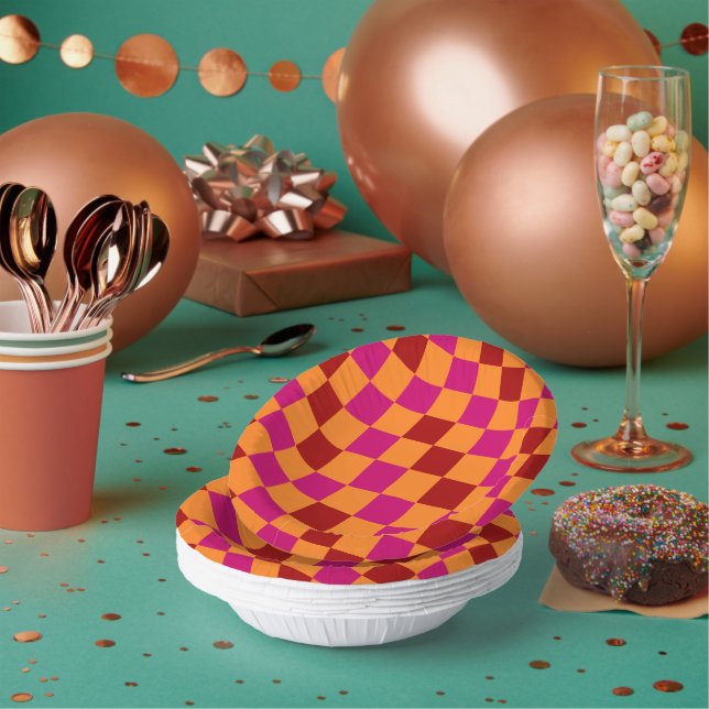 Red Orange Pink Checkered Pattern Design  Paper Bowls (Multi)