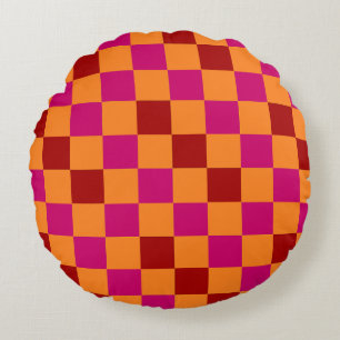 Red Orange Pink Checkered Pattern Design Round Pillow