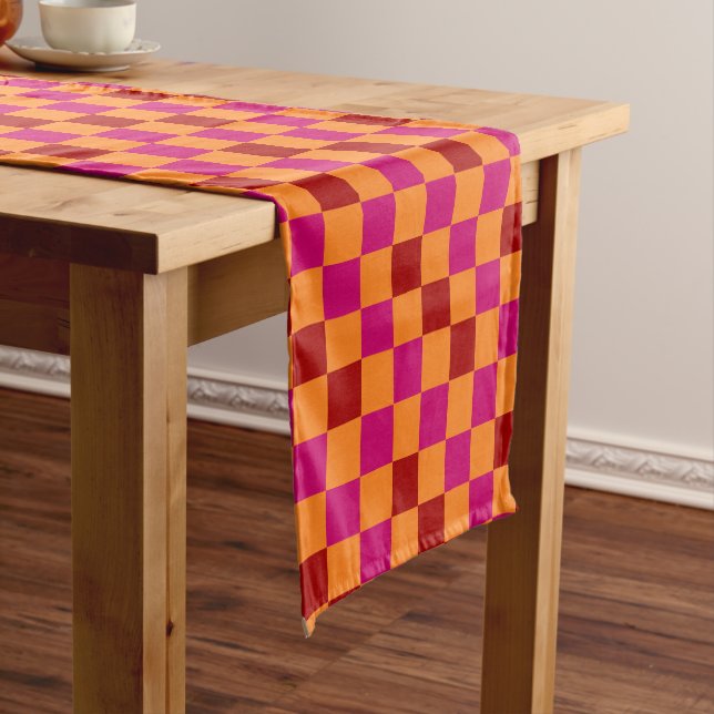 Red Orange Pink Checkered Pattern Design  Short Table Runner (In Situ)