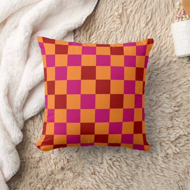 Red Orange Pink Checkered Pattern Design  Throw Pillow (Blanket)
