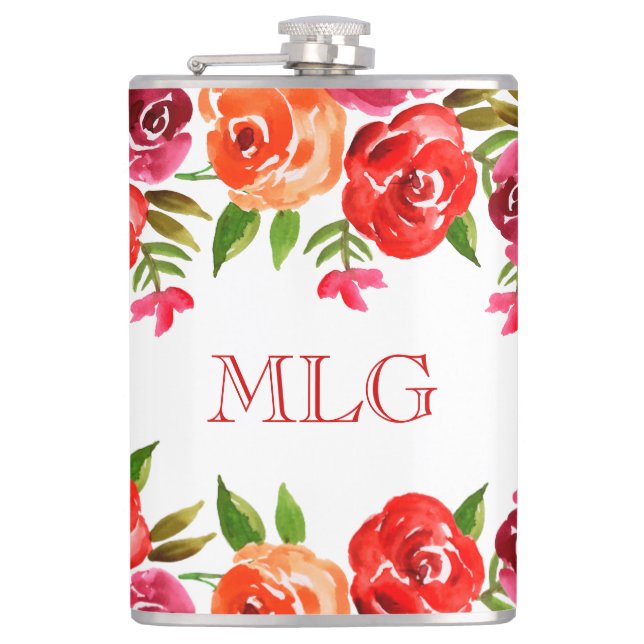 Red Orange Pink Flowers & Leaves Chic Girly Flask (Front)