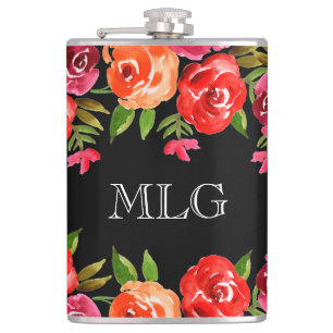 Red Orange Pink Flowers & Leaves on Black Girly Flask