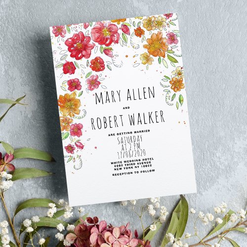 Red orange pink green floral country chic wedding  invitation