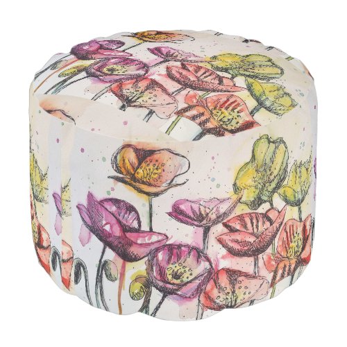 Red Orange Pink Poppy Floral Flowers Poppies Pouf