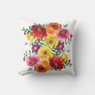 Red Orange Pink Yellow Watercolor Floral Flowers Throw Pillow