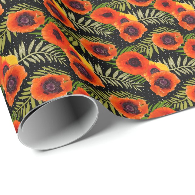 Red Orange Poppies Drama Wrapping Paper (Roll Corner)