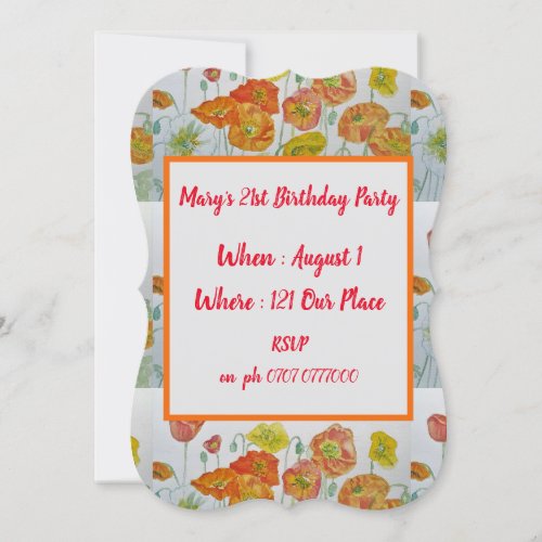 Red Orange Poppies Floral 21st Birthday Invitation